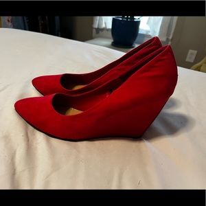 Express red suede heels; size 9; a bit of wear on inner soles